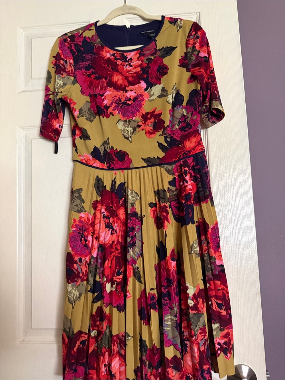 Maggy London olive green floral Pleated Midi Dress with Pink and Red Blooms